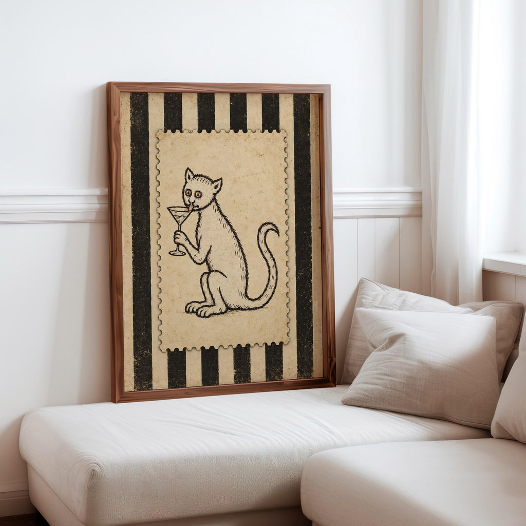Medieval Cat Martini Wall Art, Weird Ugly Renaissance Animal Print, Cocktail Poster, Funny Pet Decor, Quirky Bar Cart, History Lover Gift