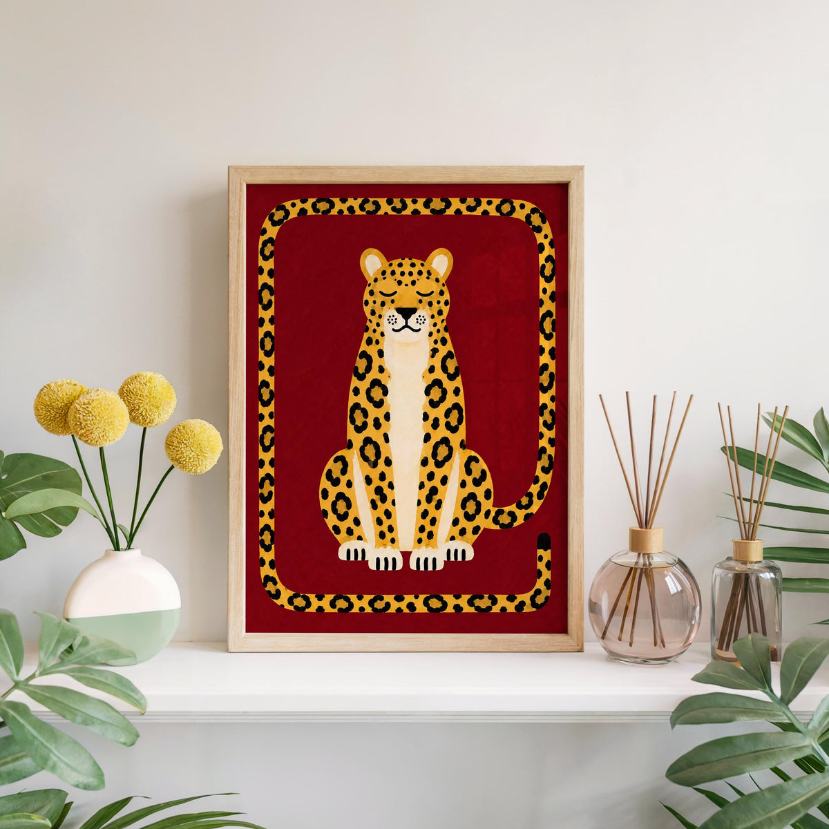 Relaxed Leopard Wall Art, Big Cat Print, Safari Jungle Animal Decor, Eclectic Wildlife Poster, Maximalist Nursery Home Decor