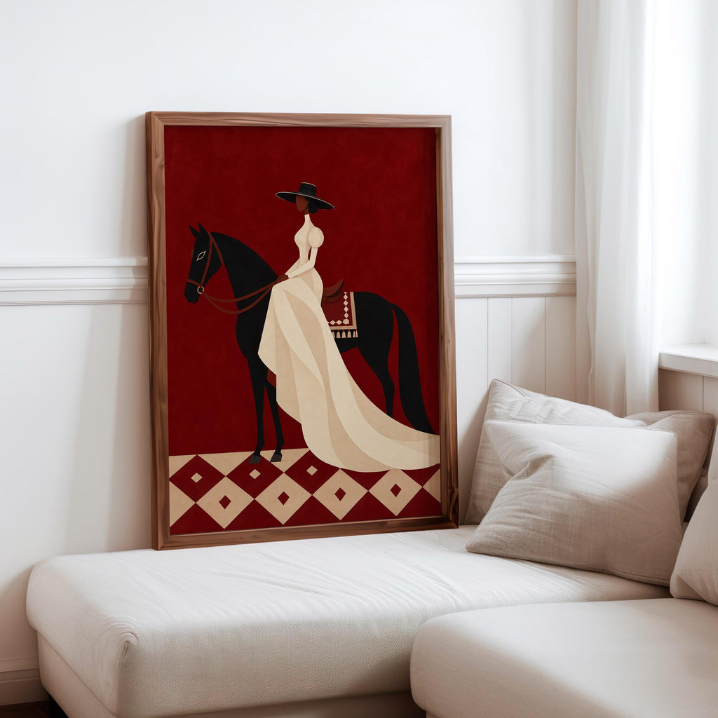 Black Woman Equestrian Wall Art, Afrocentric Horse Rider Print, Western Decor, Elegant Cowgirl Poster, African American Artwork