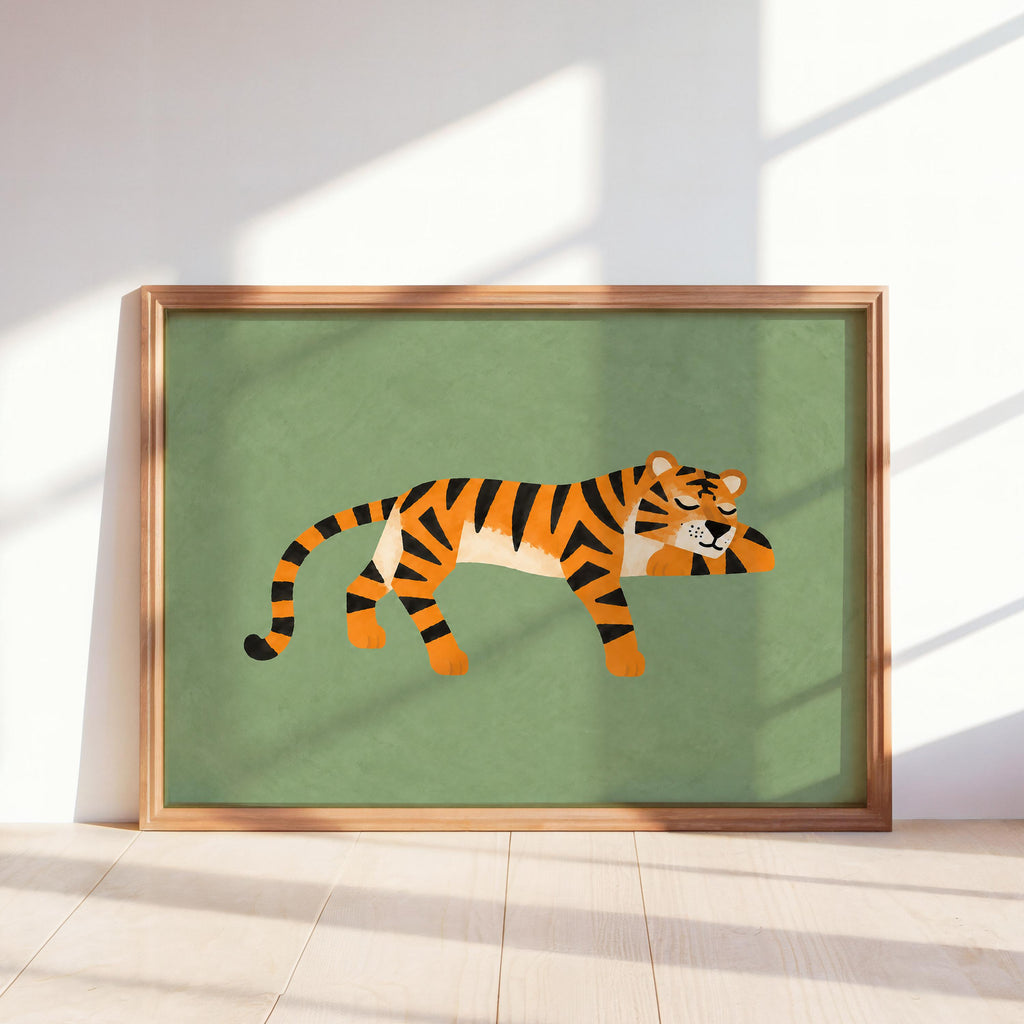 Lounging Tiger Wall Art, Green Big Cat Print, Jungle Animal Poster, Safari Decor, Wildlife Illustration, Whimsical Home Art