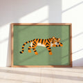 Lounging Tiger Wall Art, Green Big Cat Print, Jungle Animal Poster, Safari Decor, Wildlife Illustration, Whimsical Home Art