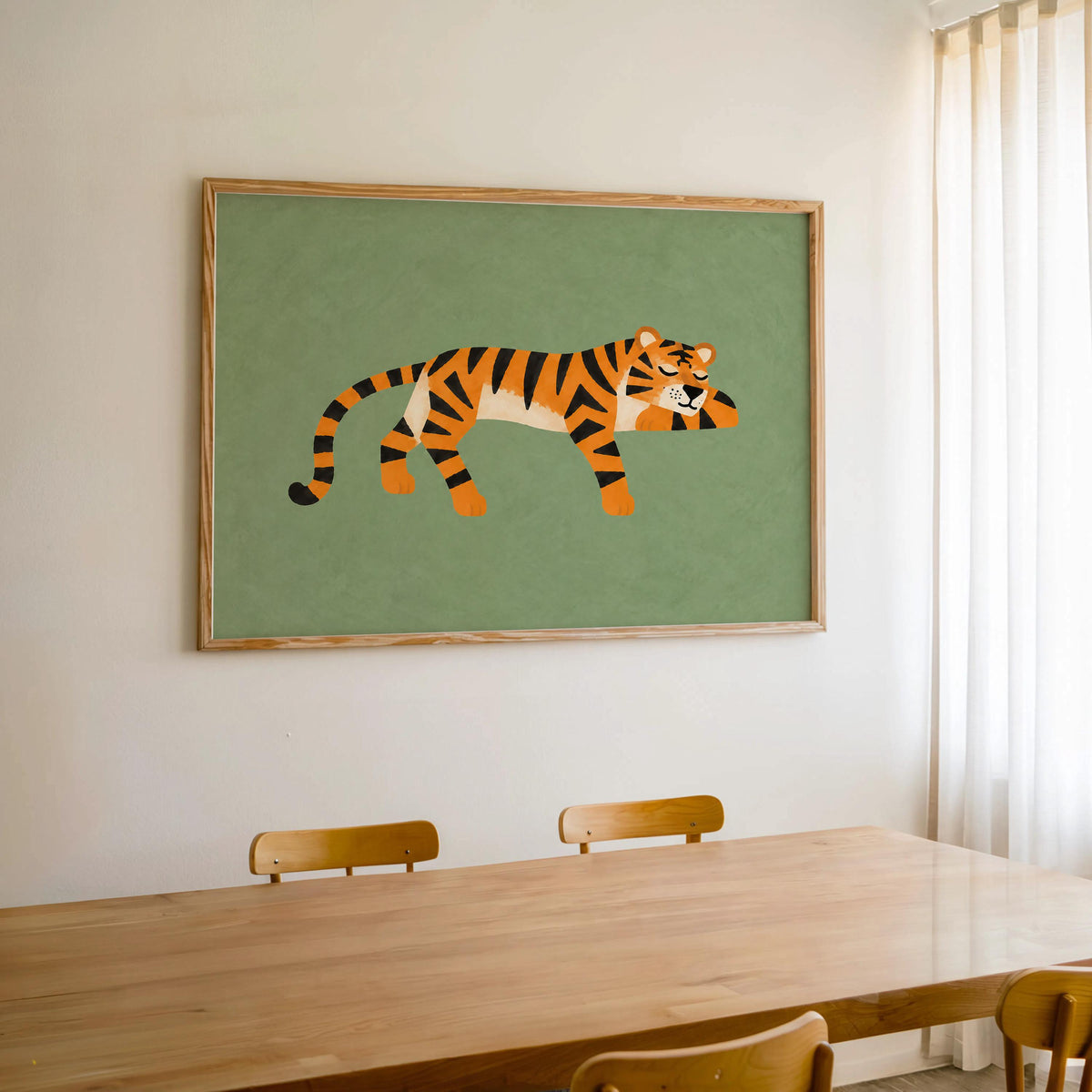 Lounging Tiger Wall Art, Green Big Cat Print, Jungle Animal Poster, Safari Decor, Wildlife Illustration, Whimsical Home Art