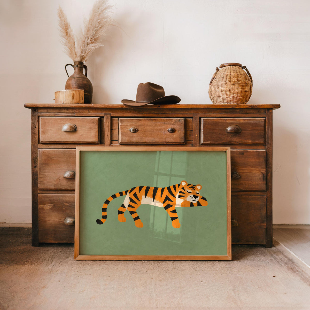 Lounging Tiger Wall Art, Green Big Cat Print, Jungle Animal Poster, Safari Decor, Wildlife Illustration, Whimsical Home Art