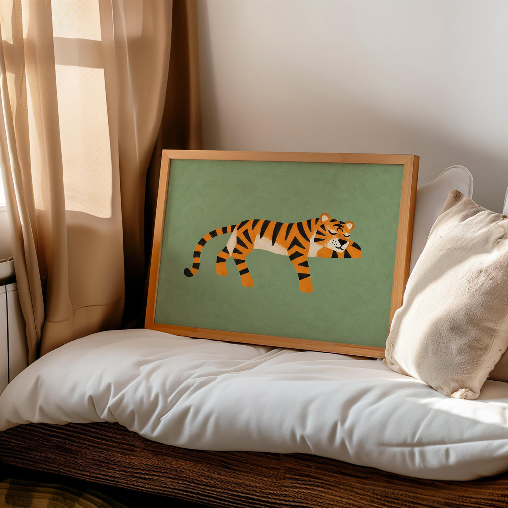 Lounging Tiger Wall Art, Green Big Cat Print, Jungle Animal Poster, Safari Decor, Wildlife Illustration, Whimsical Home Art