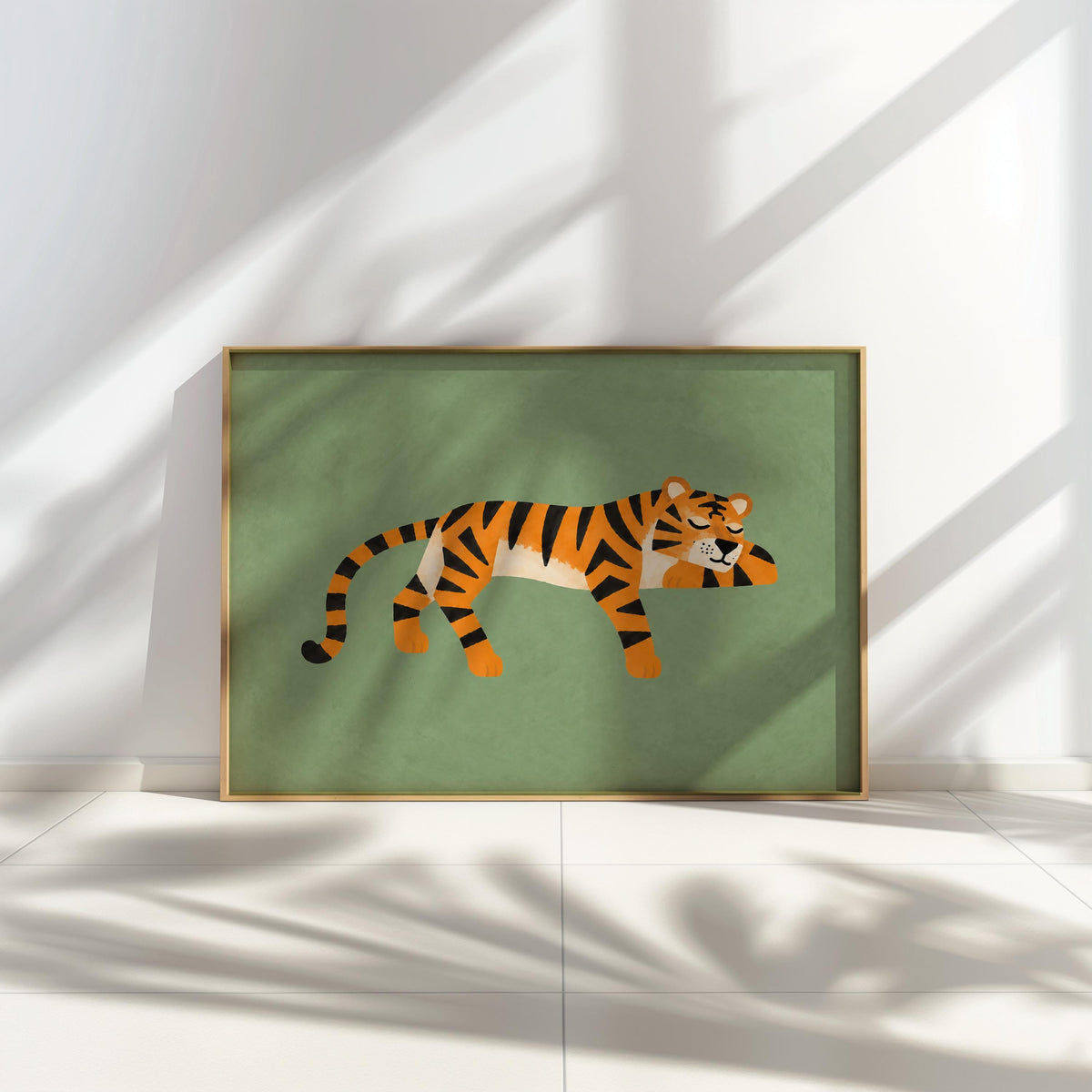 Lounging Tiger Wall Art, Green Big Cat Print, Jungle Animal Poster, Safari Decor, Wildlife Illustration, Whimsical Home Art