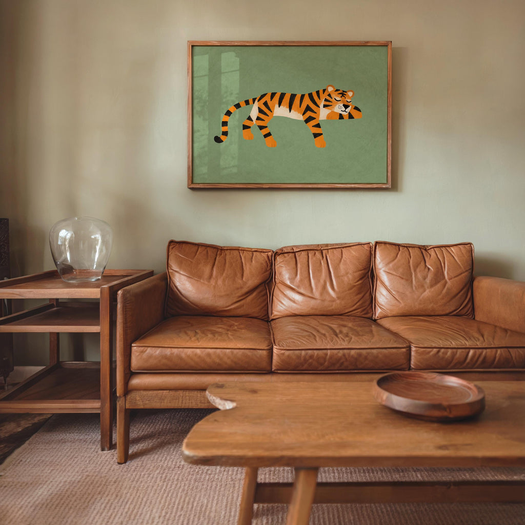Lounging Tiger Wall Art, Green Big Cat Print, Jungle Animal Poster, Safari Decor, Wildlife Illustration, Whimsical Home Art