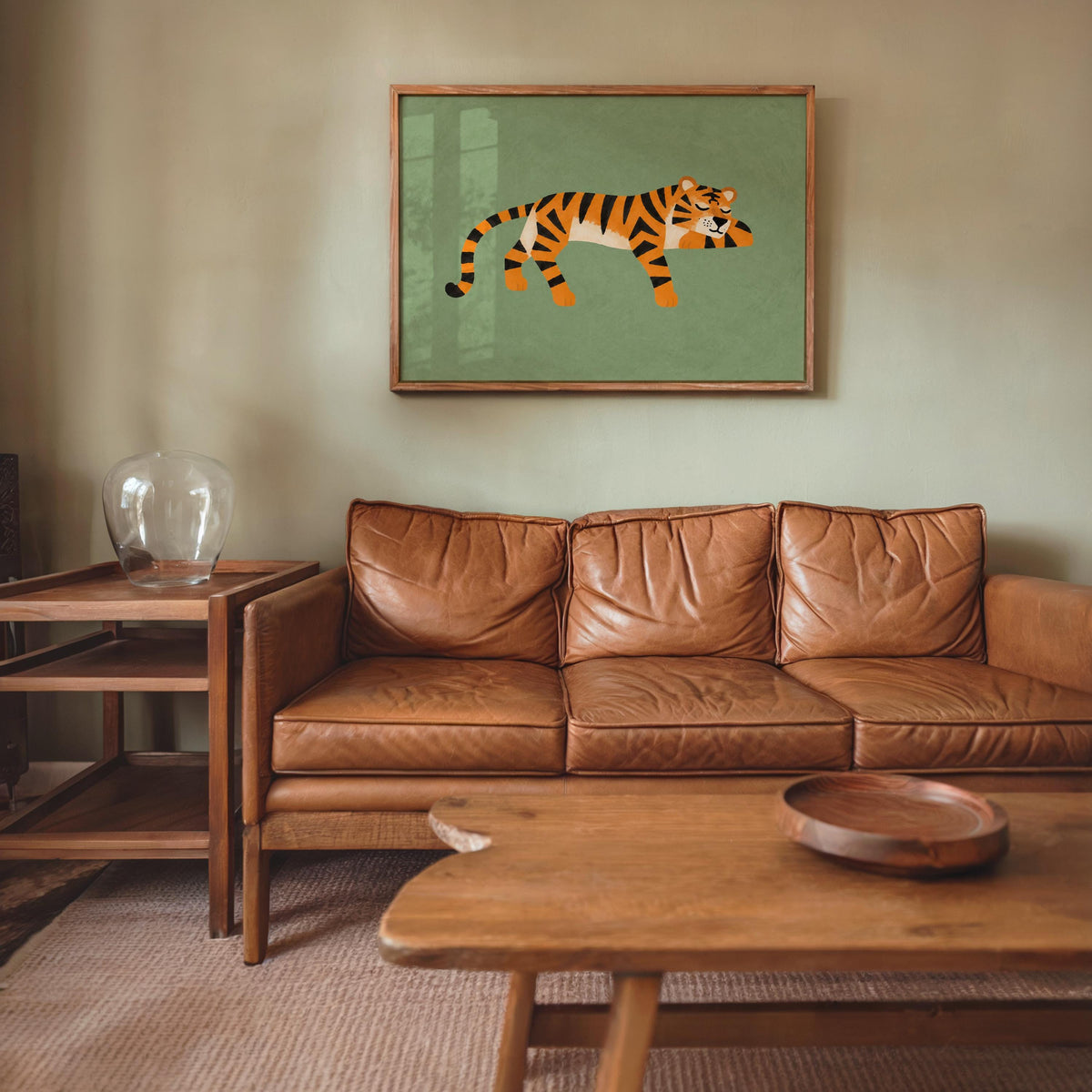 Lounging Tiger Wall Art, Green Big Cat Print, Jungle Animal Poster, Safari Decor, Wildlife Illustration, Whimsical Home Art