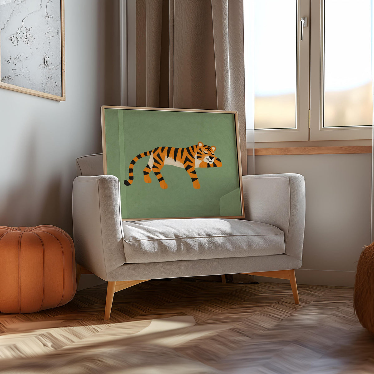 Lounging Tiger Wall Art, Green Big Cat Print, Jungle Animal Poster, Safari Decor, Wildlife Illustration, Whimsical Home Art