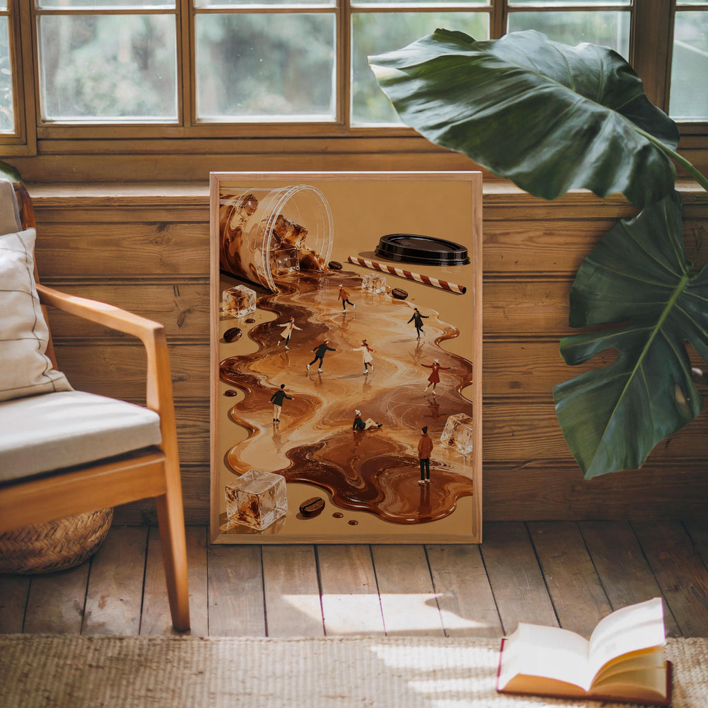 Tiny Ice Skaters on Iced Coffee Wall Art, Miniature People Coffee Poster, Whimsical Winter Cafe Print