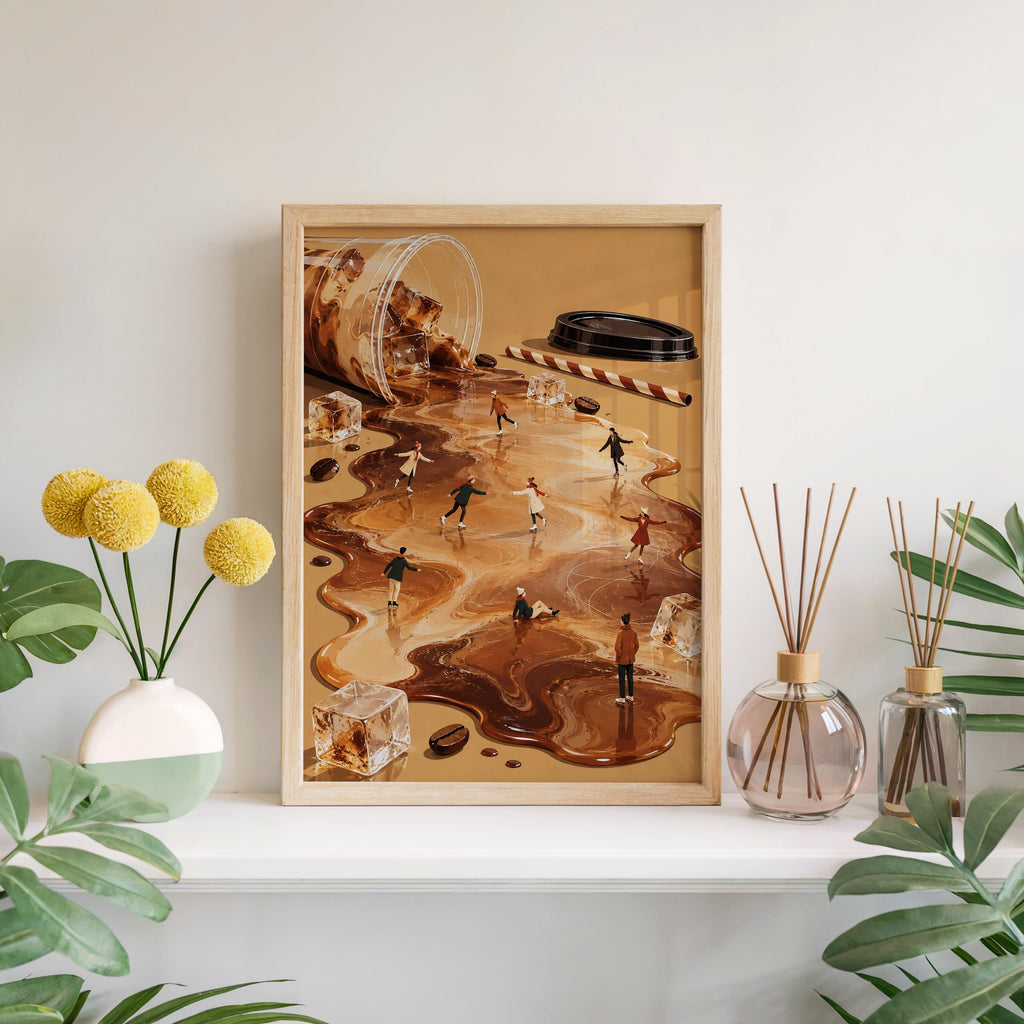 Tiny Ice Skaters on Iced Coffee Wall Art, Miniature People Coffee Poster, Whimsical Winter Cafe Print