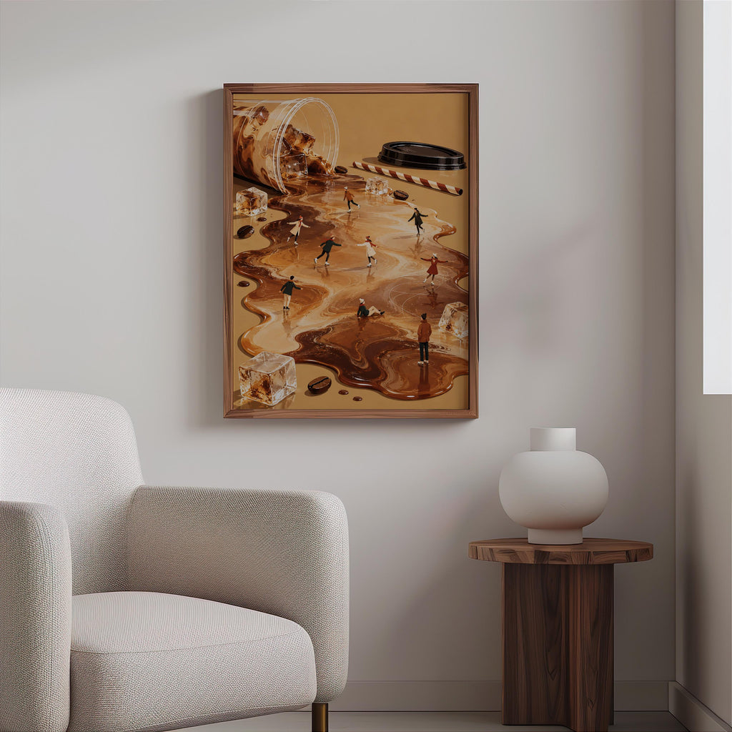 Tiny Ice Skaters on Iced Coffee Wall Art, Miniature People Coffee Poster, Whimsical Winter Cafe Print