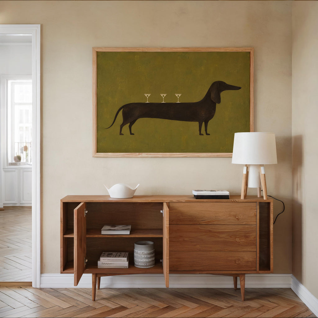 Dog Martini Wall Art, Cocktail Dachshund Poster, Olive Green Bar Print, Funny Wiener Sausage Dog Decor, Pet Lover Gift, Mid Century Artwork