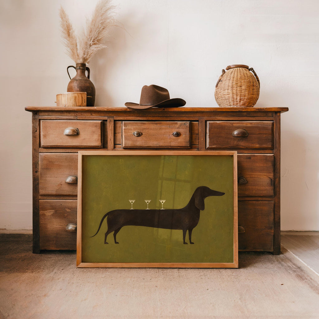 Dog Martini Wall Art, Cocktail Dachshund Poster, Olive Green Bar Print, Funny Wiener Sausage Dog Decor, Pet Lover Gift, Mid Century Artwork
