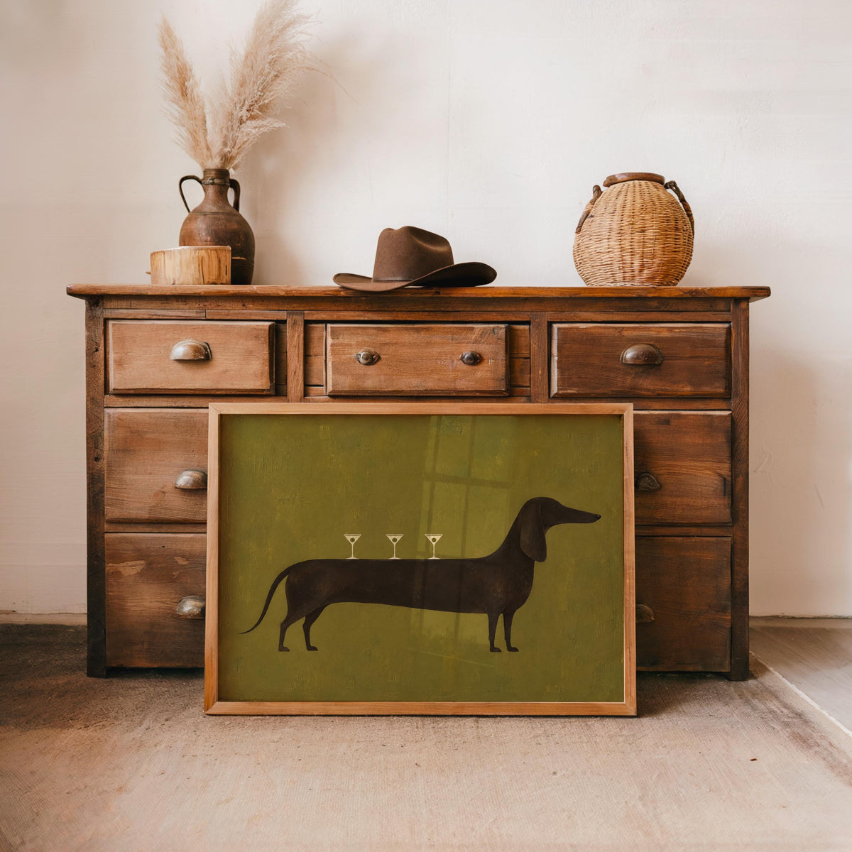 Dog Martini Wall Art, Cocktail Dachshund Poster, Olive Green Bar Print, Funny Wiener Sausage Dog Decor, Pet Lover Gift, Mid Century Artwork