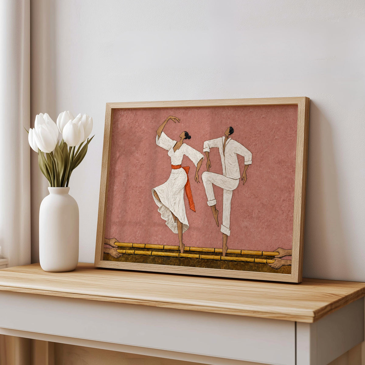 Filipino Tinikling Couple Art Print, Traditional Bamboo Dance Wall Decor, Philippines Culture Folk Art Poster, Asian Dancing Painting