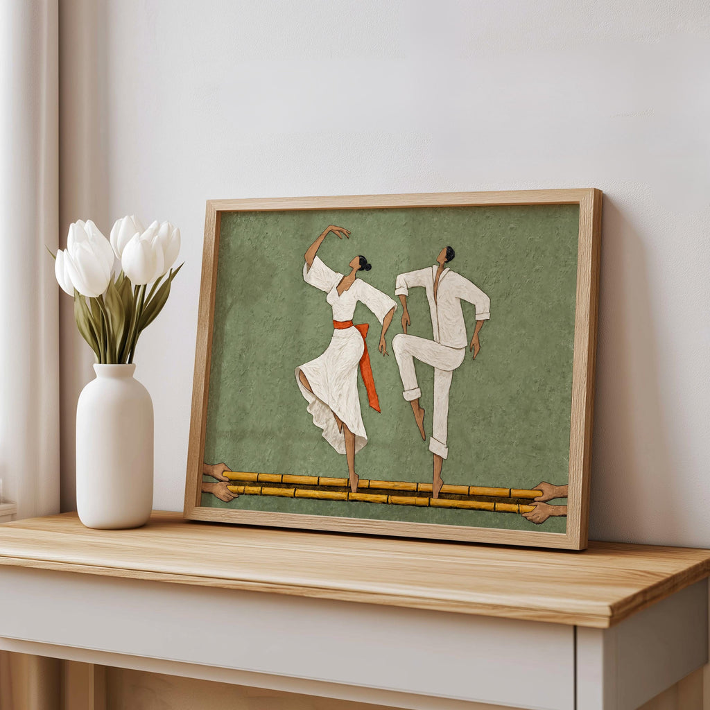 Filipino Tinikling Couple Art Print, Traditional Bamboo Dance Wall Decor, Philippines Culture Folk Art Poster, Asian Dancing Painting