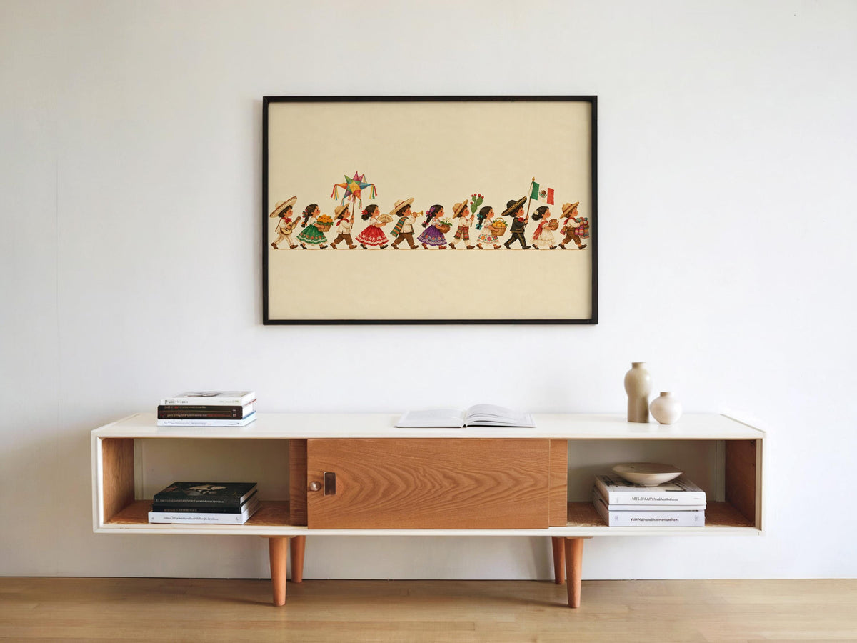 Mexican Culture Kids Parade Wall Art, Folk Mexico Kids Print, Colorful Traditional Cultural Festival Poster, Storybook Nursery Decor