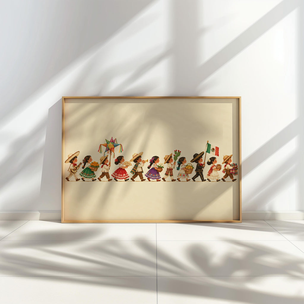Mexican Culture Kids Parade Wall Art, Folk Mexico Kids Print, Colorful Traditional Cultural Festival Poster, Storybook Nursery Decor