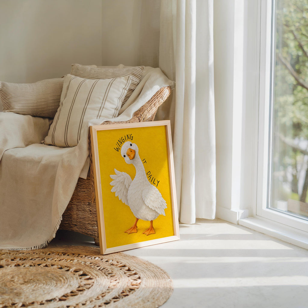 Winging It Daily Goose Wall Art, Funny Motivational Quote Duck Print, Silly Yellow Animal Poster, Quirky Office Decor
