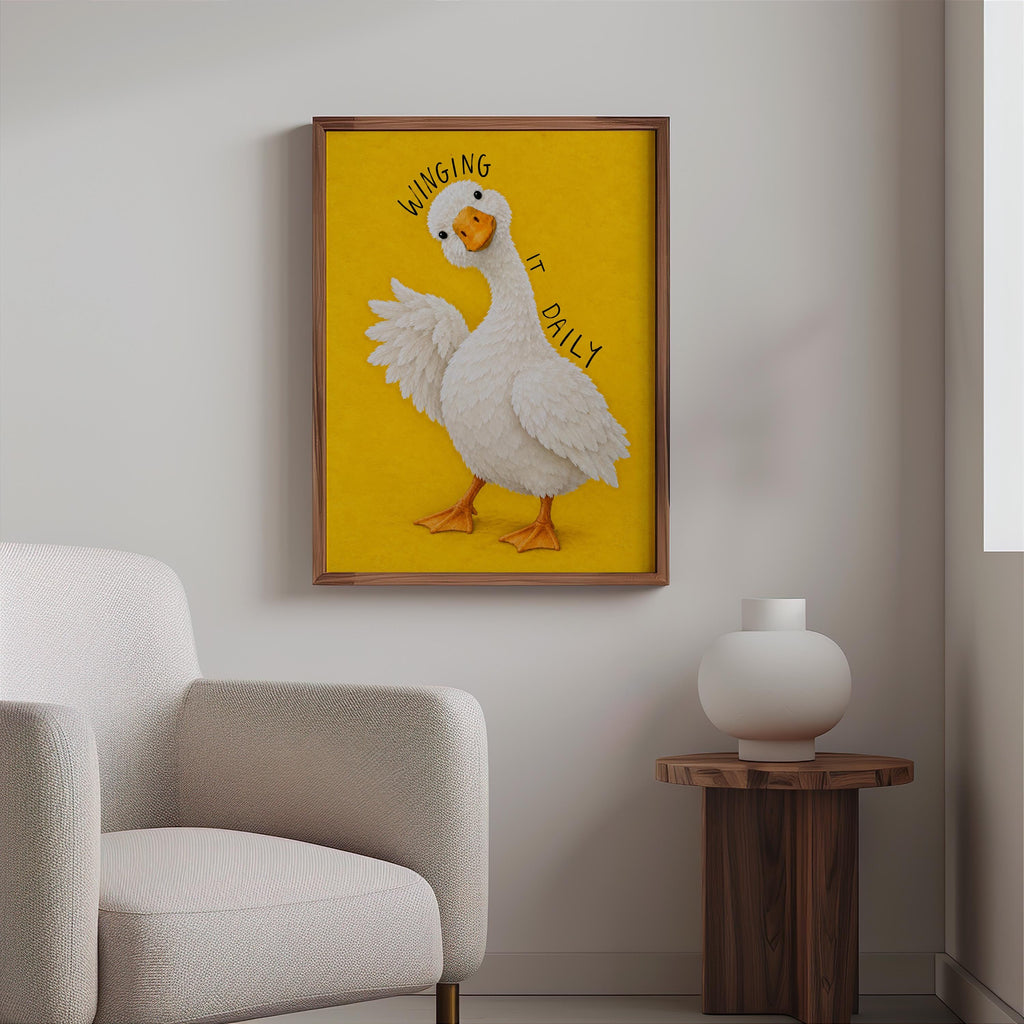 Winging It Daily Goose Wall Art, Funny Motivational Quote Duck Print, Silly Yellow Animal Poster, Quirky Office Decor