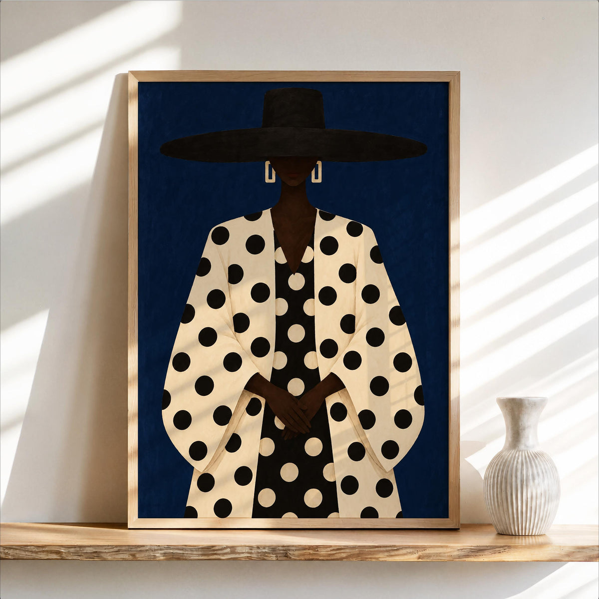 Black Woman Polka Dot Wall Art, Abstract Fashion Hat Portrait, Faceless Bold Pattern Print for Modern Interiors, Chic Afrocentric Decor