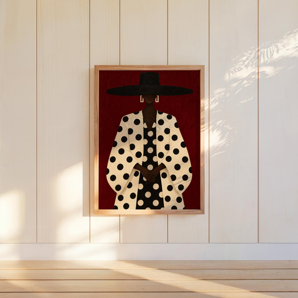 Black Woman Polka Dot Wall Art, Abstract Fashion Hat Portrait, Faceless Bold Pattern Print for Modern Interiors, Chic Afrocentric Decor