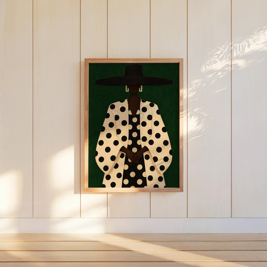 Black Woman Polka Dot Wall Art, Abstract Fashion Hat Portrait, Faceless Bold Pattern Print for Modern Interiors, Chic Afrocentric Decor