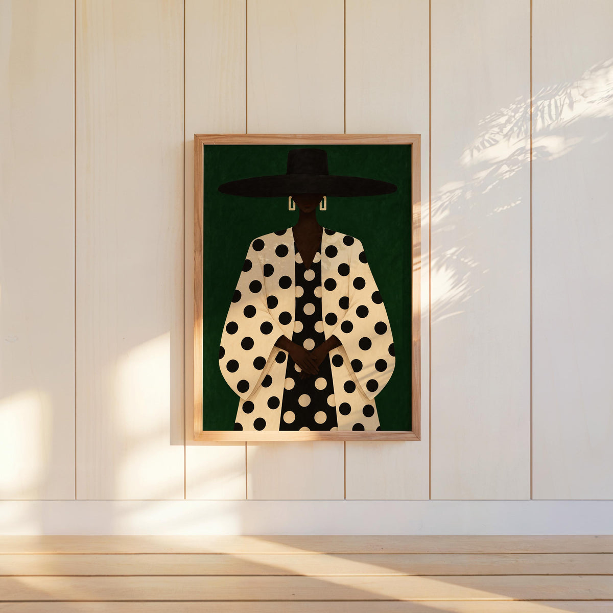 Black Woman Polka Dot Wall Art, Abstract Fashion Hat Portrait, Faceless Bold Pattern Print for Modern Interiors, Chic Afrocentric Decor