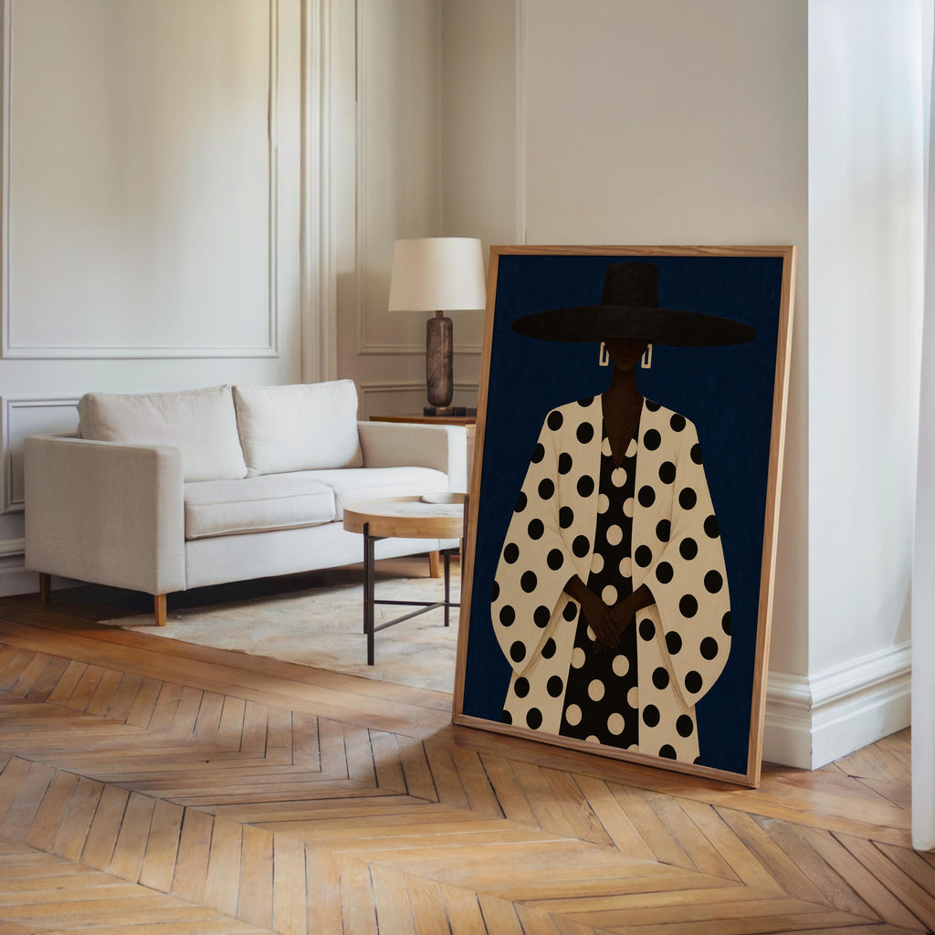 Black Woman Polka Dot Wall Art, Abstract Fashion Hat Portrait, Faceless Bold Pattern Print for Modern Interiors, Chic Afrocentric Decor