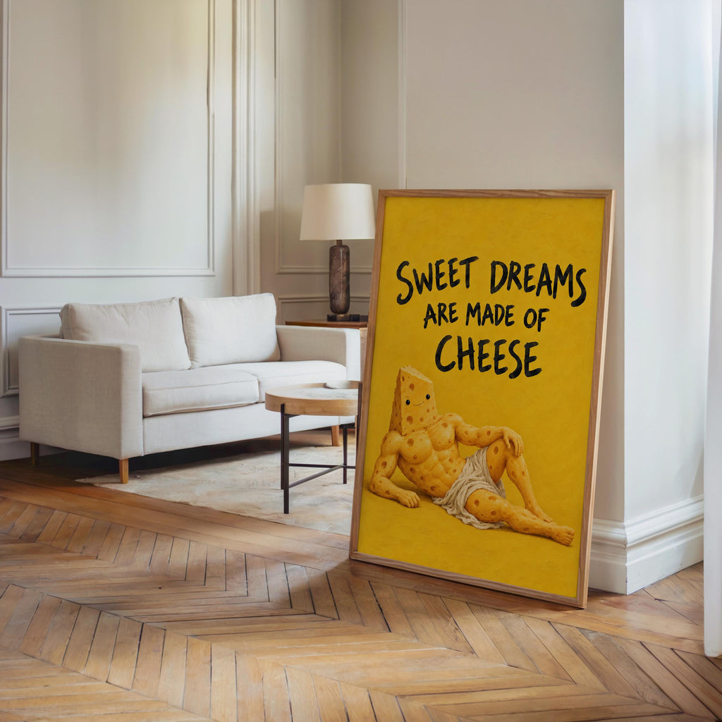 Sweet Dreams Are Made of Cheese Wall Art, Funny Cheese Poster, Food Lover Kitchen Print, Surreal Dining Room Decor, Quirky Cheese Lover Gift