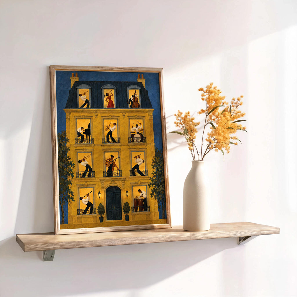 Jazz music wall art print propped on narrow shelf, navy exterior and warm rooms, French apartment wall art vibe