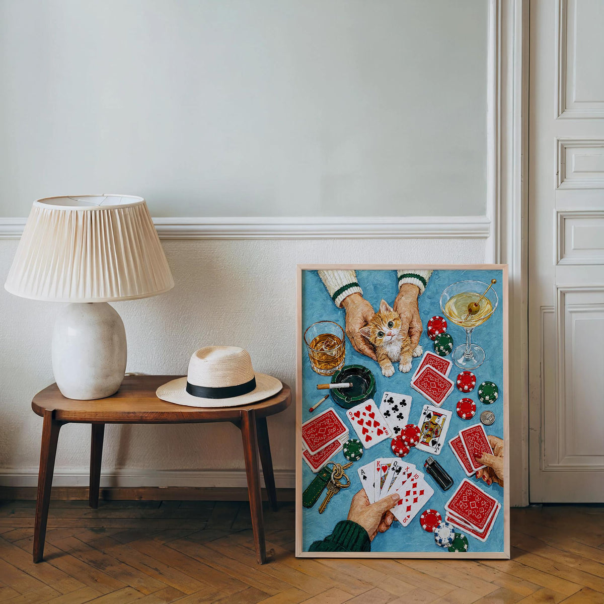 Funny Casino Cat Print, Poker Night Wall Art, Playing Cards and Cocktails Illustration, Retro Game Room Decor, Quirky Feline Poster