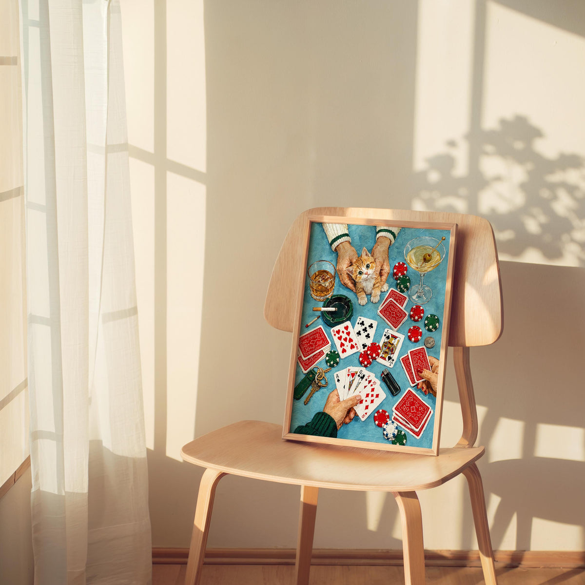 Funny Casino Cat Print, Poker Night Wall Art, Playing Cards and Cocktails Illustration, Retro Game Room Decor, Quirky Feline Poster
