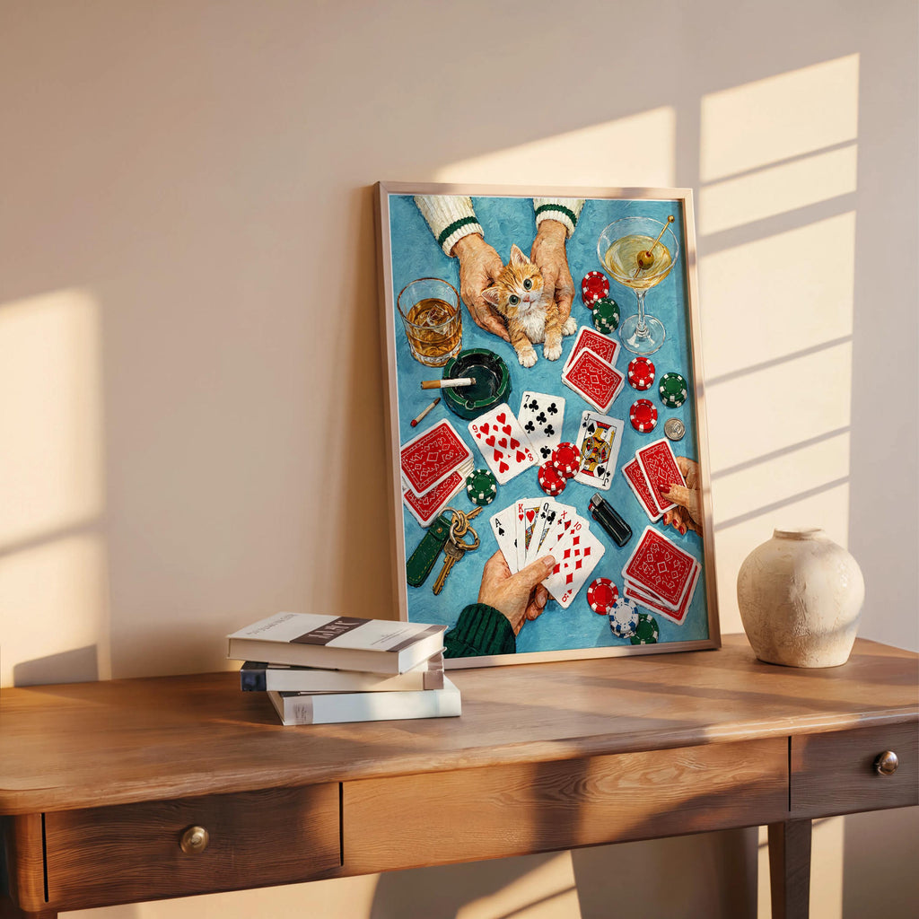 Funny Casino Cat Print, Poker Night Wall Art, Playing Cards and Cocktails Illustration, Retro Game Room Decor, Quirky Feline Poster