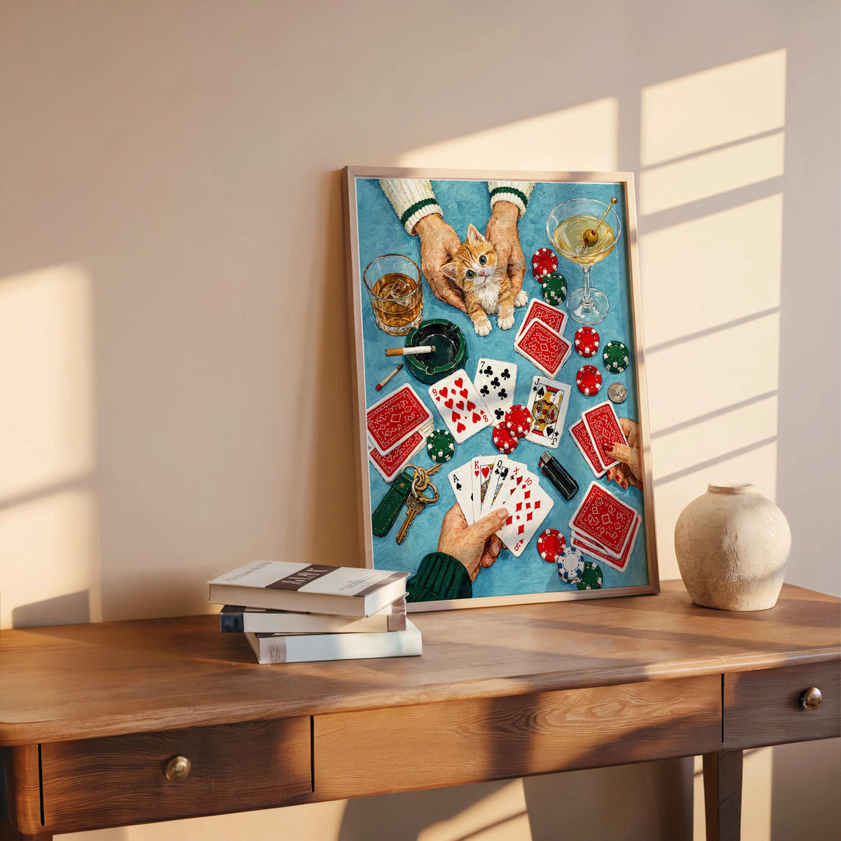 Funny Casino Cat Print, Poker Night Wall Art, Playing Cards and Cocktails Illustration, Retro Game Room Decor, Quirky Feline Poster