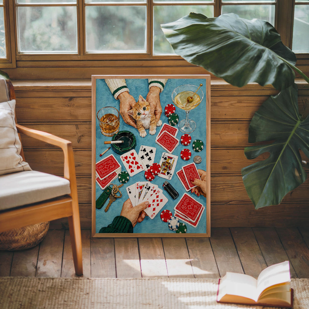 Funny Casino Cat Print, Poker Night Wall Art, Playing Cards and Cocktails Illustration, Retro Game Room Decor, Quirky Feline Poster