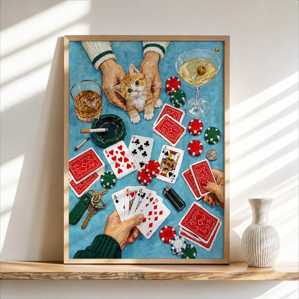 Funny Casino Cat Print, Poker Night Wall Art, Playing Cards and Cocktails Illustration, Retro Game Room Decor, Quirky Feline Poster