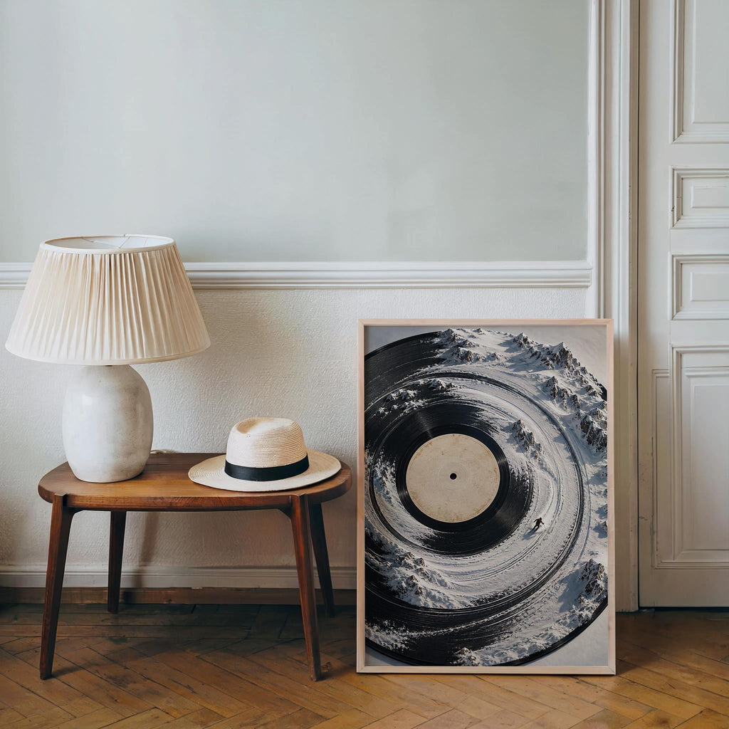 Surreal Vinyl Record Ski Wall Art, Snowy Mountain Skier Poster, Music Lover Winter Print, Alpine DJ Turntable Decor