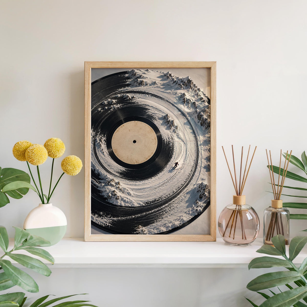 Surreal Vinyl Record Ski Wall Art, Snowy Mountain Skier Poster, Music Lover Winter Print, Alpine DJ Turntable Decor