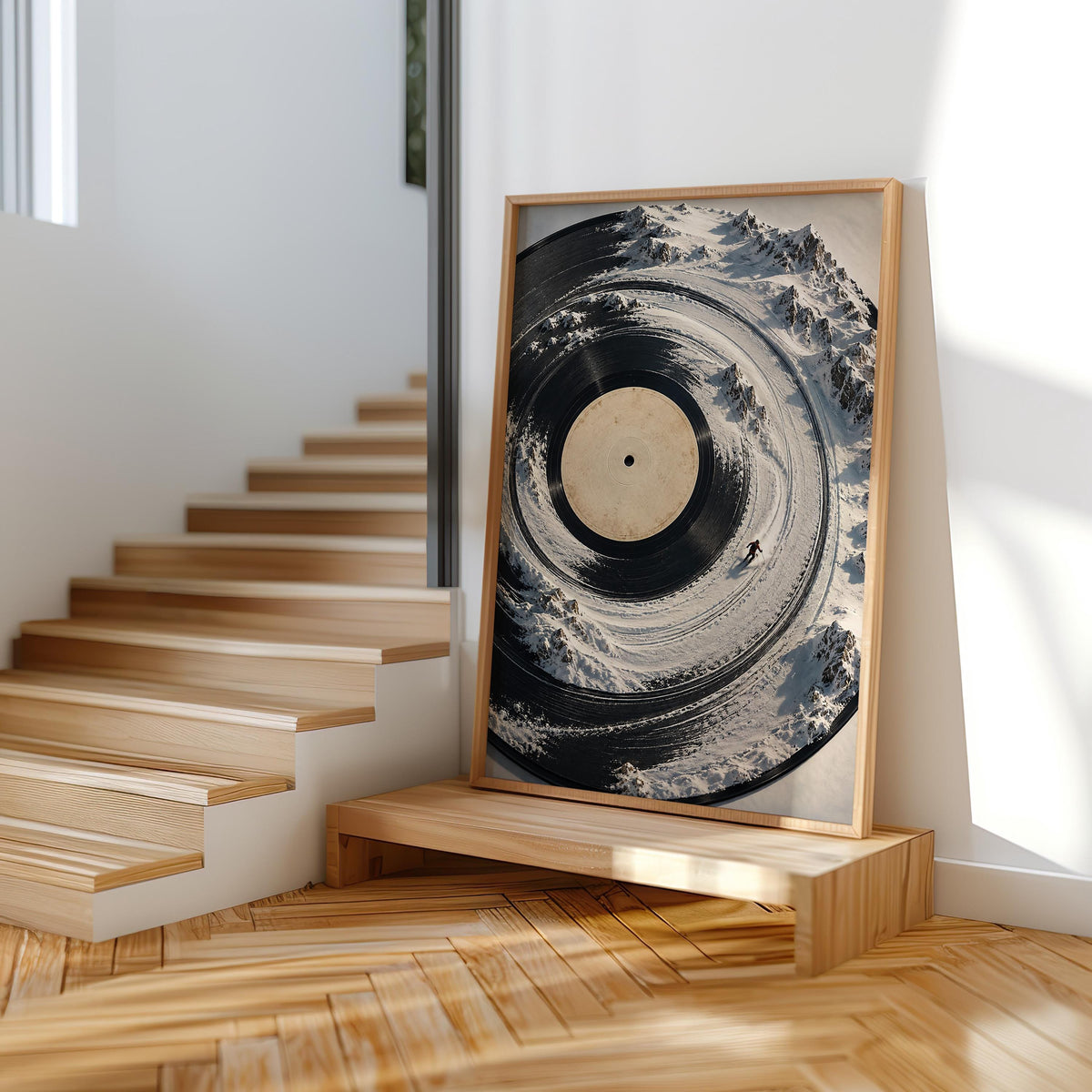 Surreal Vinyl Record Ski Wall Art, Snowy Mountain Skier Poster, Music Lover Winter Print, Alpine DJ Turntable Decor
