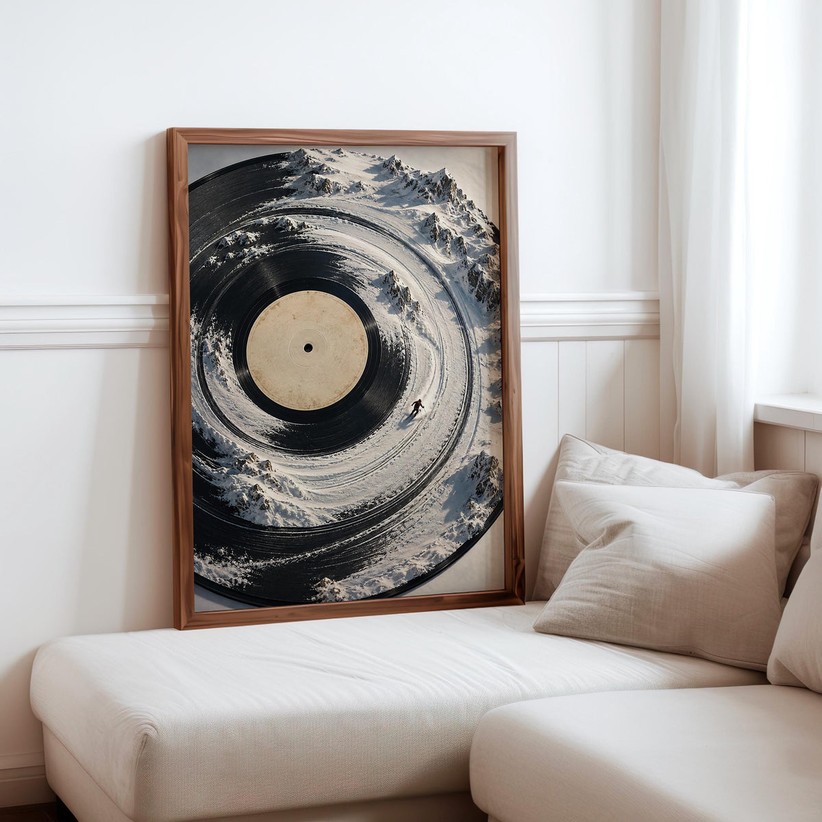 Surreal Vinyl Record Ski Wall Art, Snowy Mountain Skier Poster, Music Lover Winter Print, Alpine DJ Turntable Decor