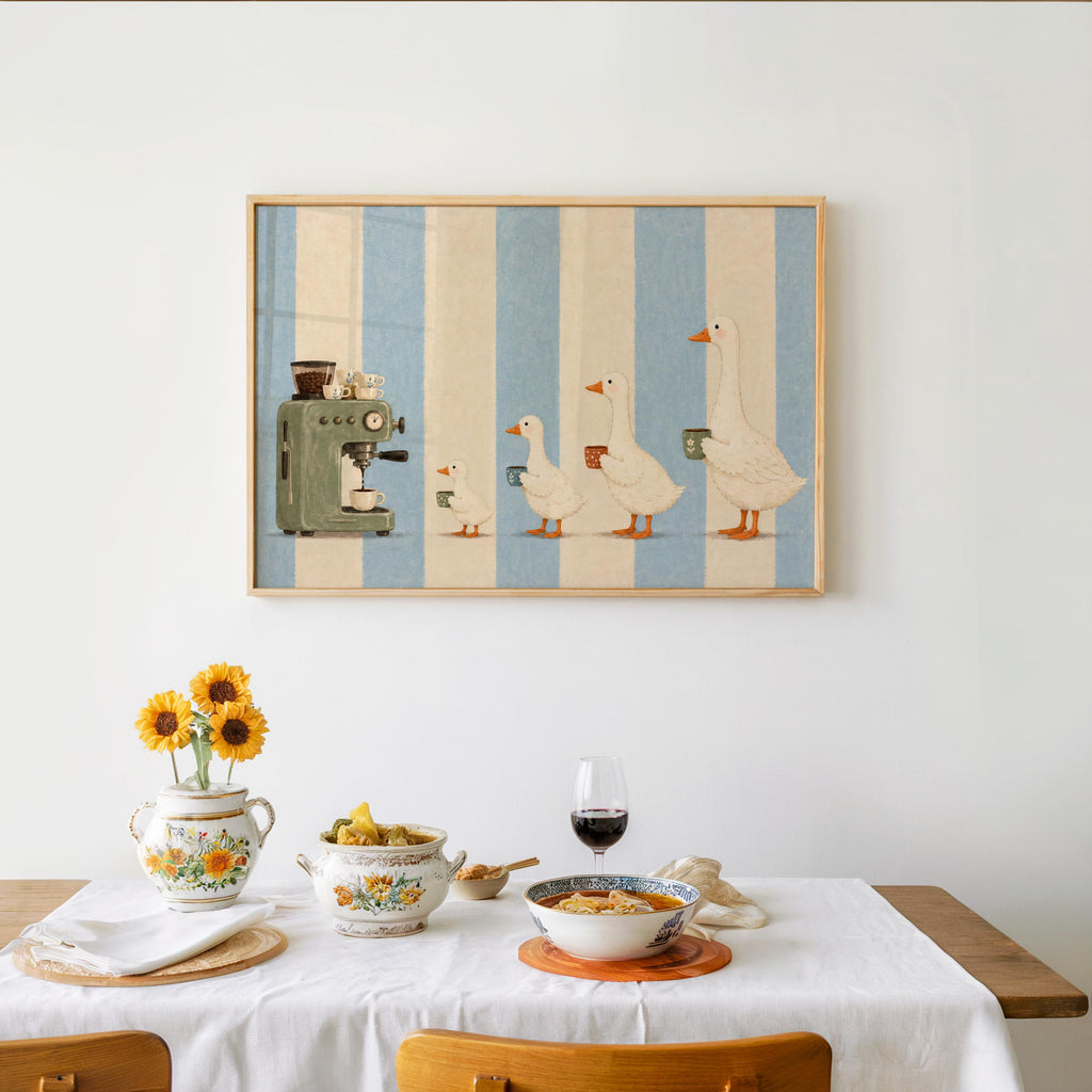 Coffee Goose Print, Funny Farmhouse Wall Art, Coffee Machine Animal Parade Illustration, Retro Kitchen Decor, Whimsical Poster