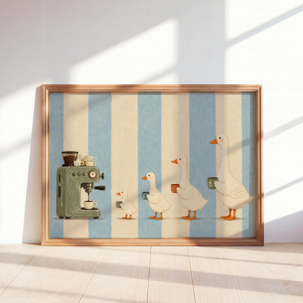 Coffee Goose Print, Funny Farmhouse Wall Art, Coffee Machine Animal Parade Illustration, Retro Kitchen Decor, Whimsical Poster