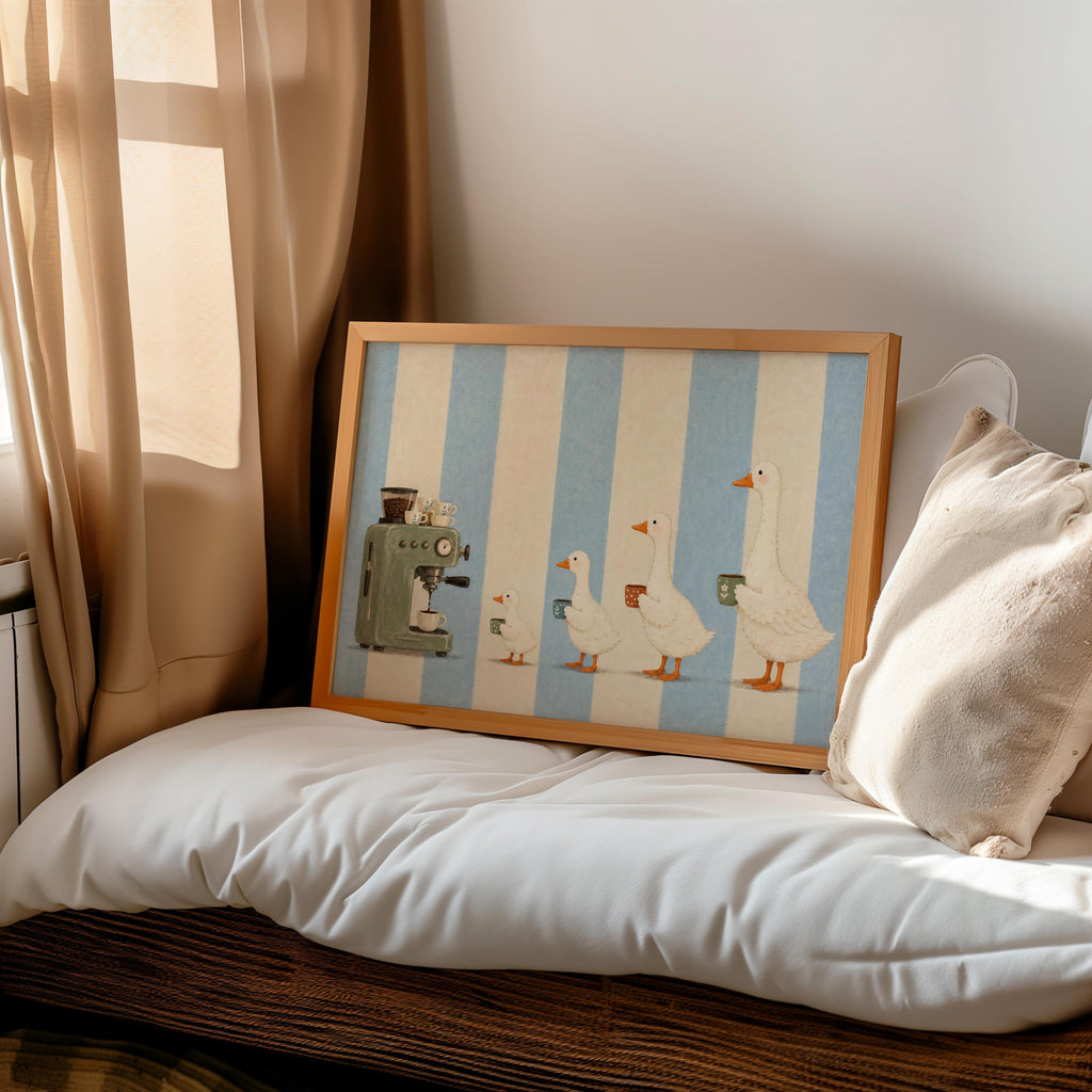 Coffee Goose Print, Funny Farmhouse Wall Art, Coffee Machine Animal Parade Illustration, Retro Kitchen Decor, Whimsical Poster