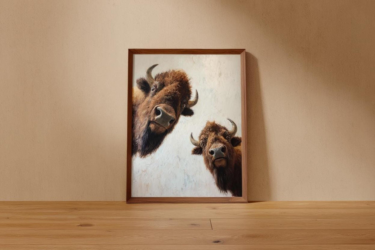Leaned framed bison wall art on shelf, whimsical peeking bison, printable animal art feel