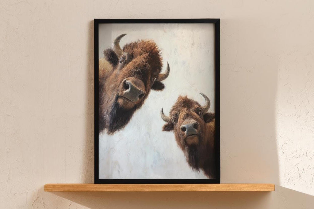 Framed peeking bison print on thin shelf, textured painterly fur, modern nursery tones