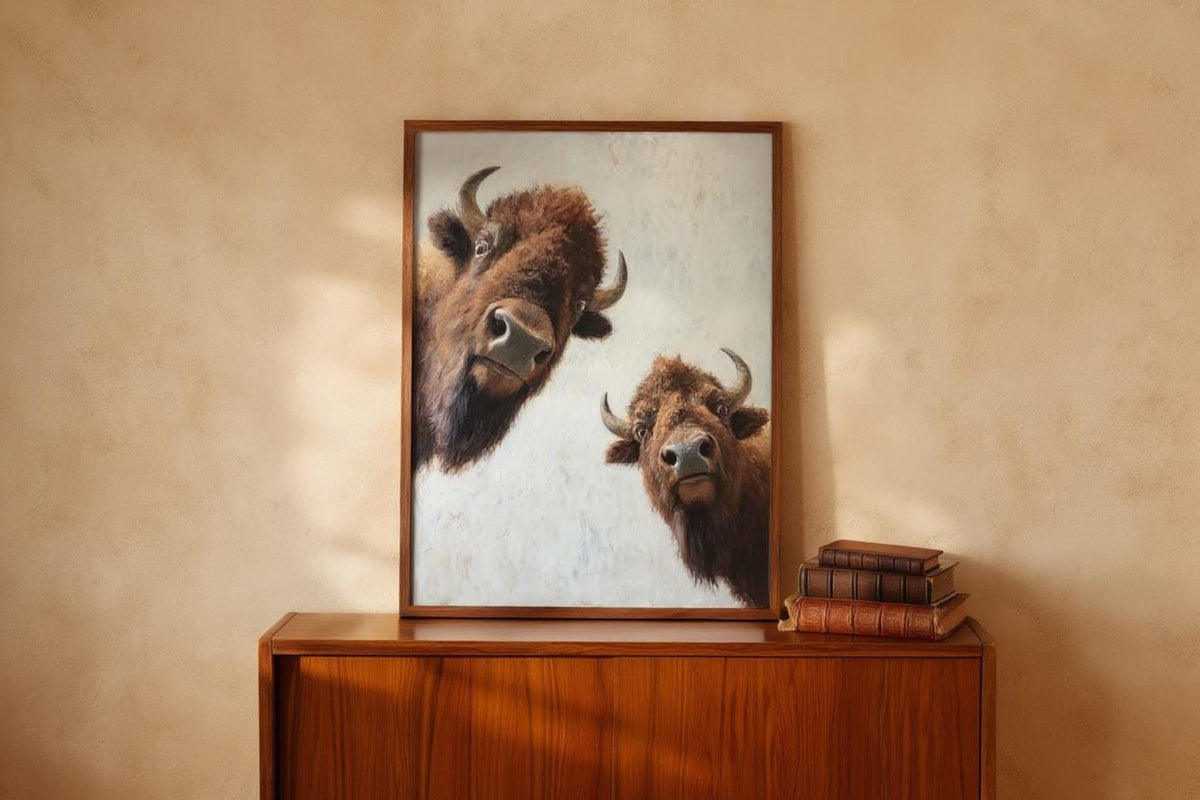 Warm corner vignette with bison wall art on cabinet, western nursery wall art inspiration