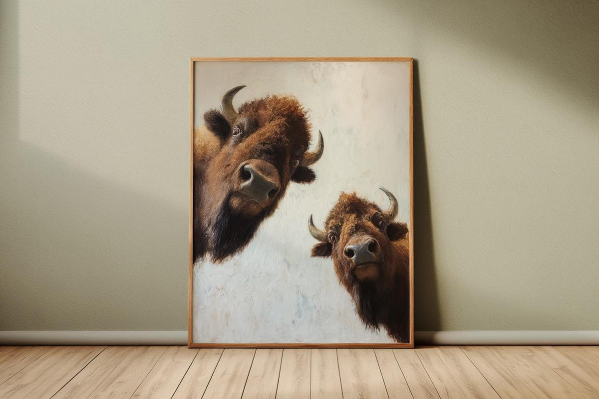 Tall bison wall art leaning on floor, two playful bison heads, neutral animal wall art tones