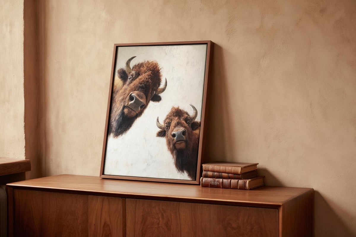 Casual display of bison wall art on wooden cabinet, rustic western wall art atmosphere