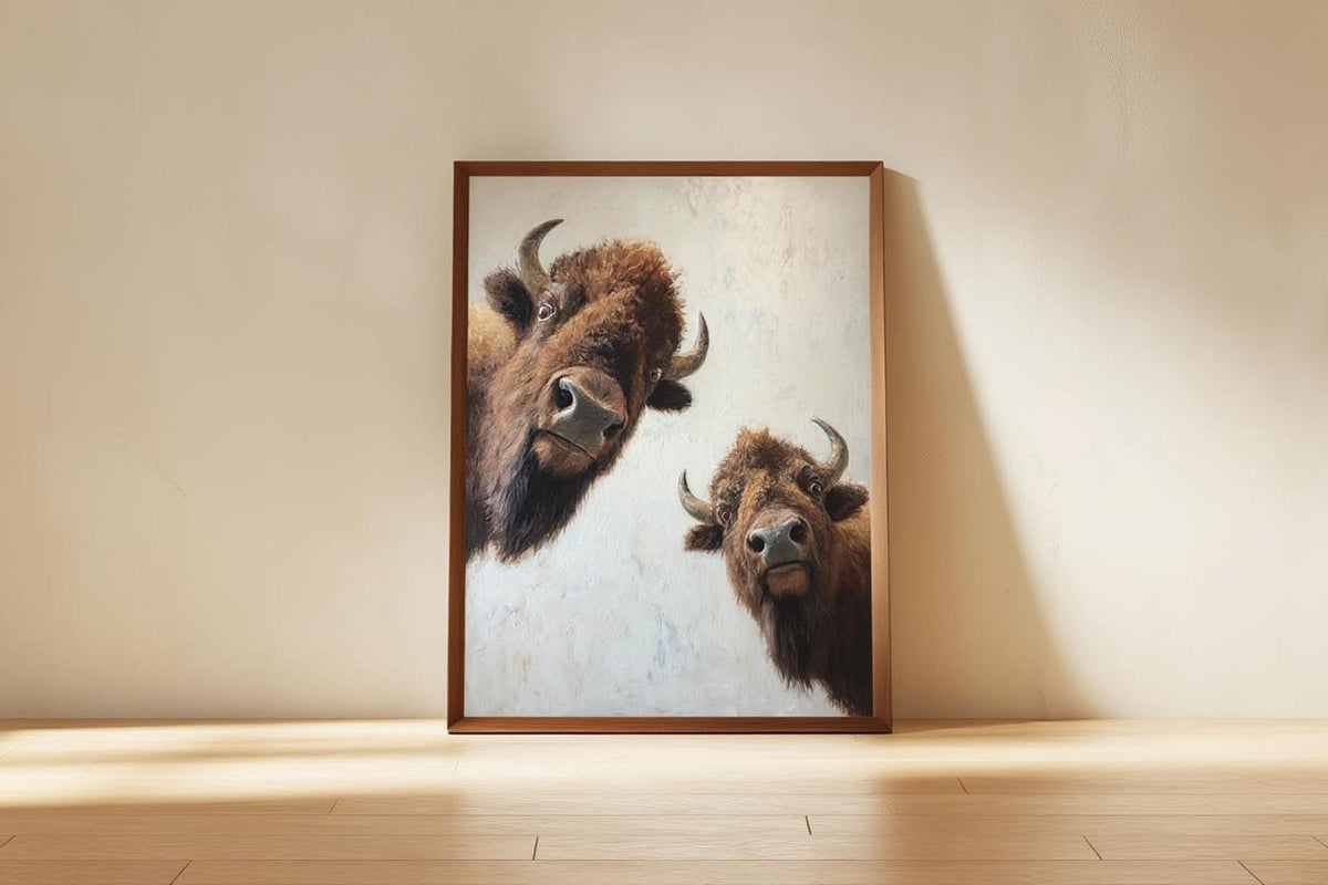 Single framed bison wall art propped on bench, calm soft background, printable animal art